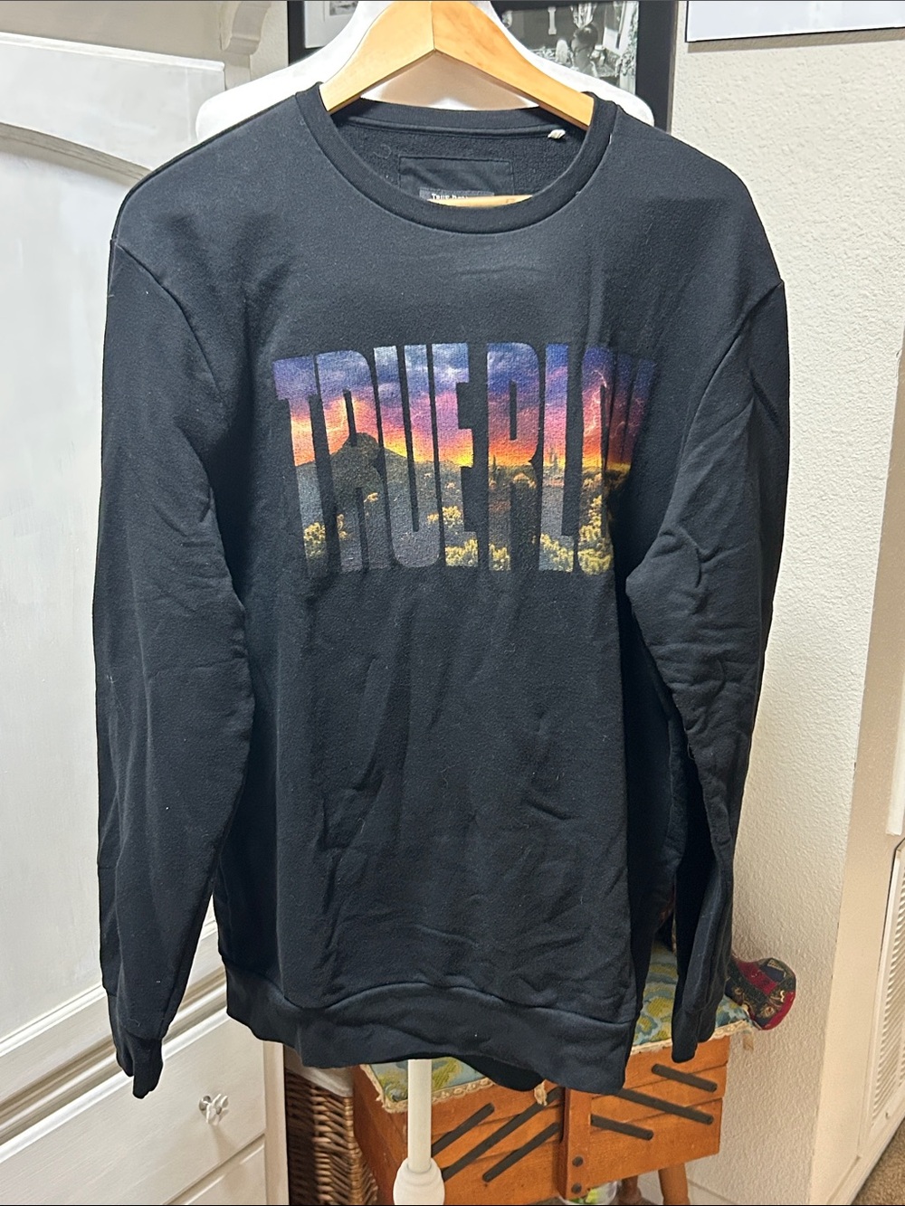 True Religion Black Crewneck Sweatshirt with Sunset Gradient 'TRUE RLGN’ Graphic